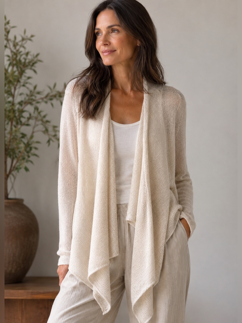 Eileen Fisher Cream Open-Front Waterfall Cardigan